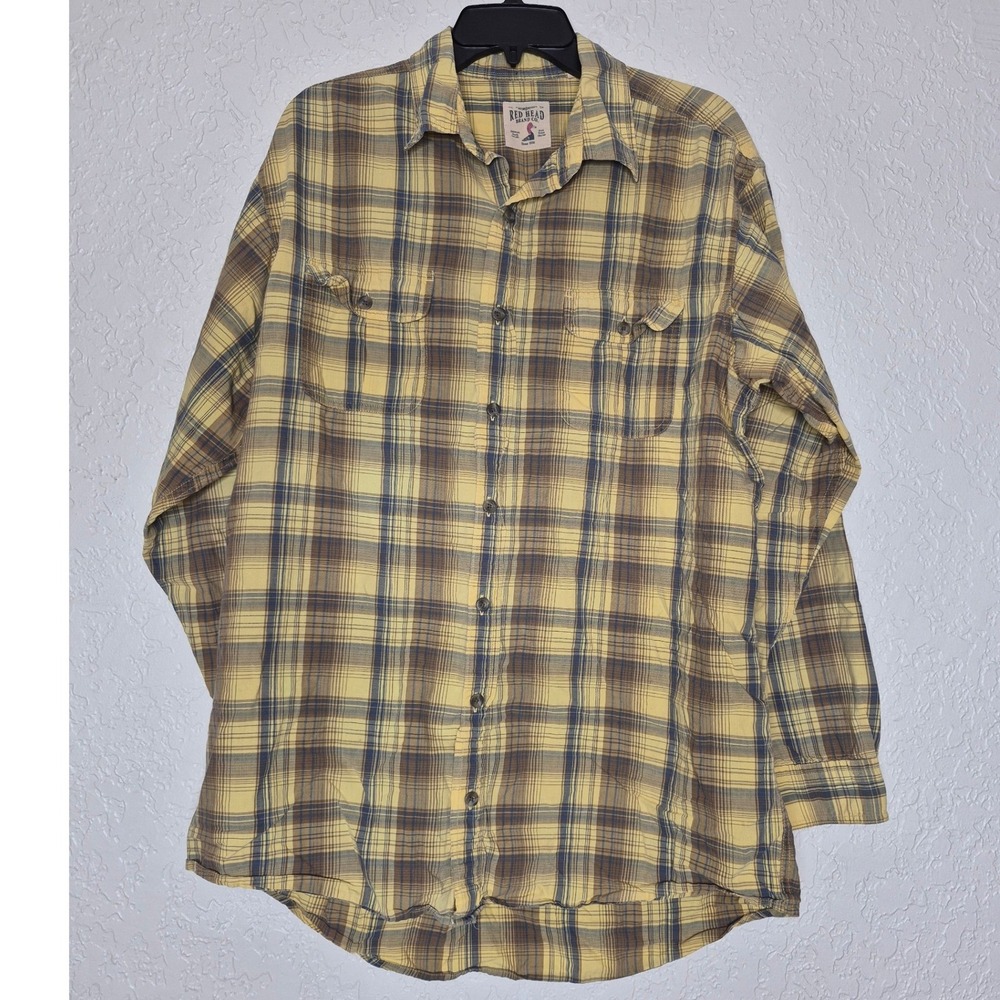 Red Head Brand Co Mens Large Tall Yellow Brown Plaid Cotton Button Down Shirt